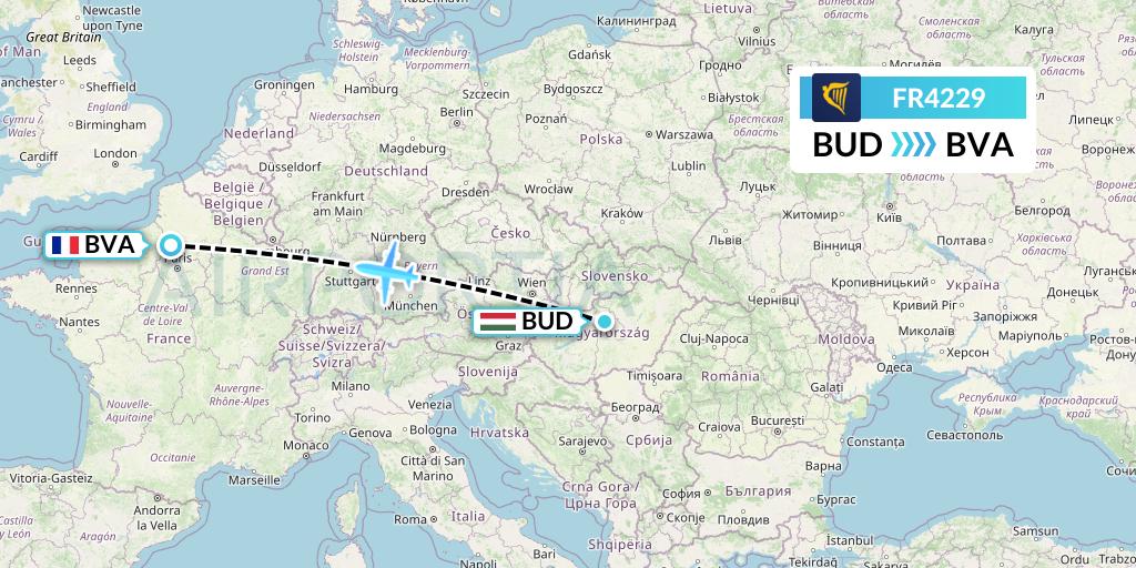 FR4229 Ryanair Flight Map: Budapest to Paris