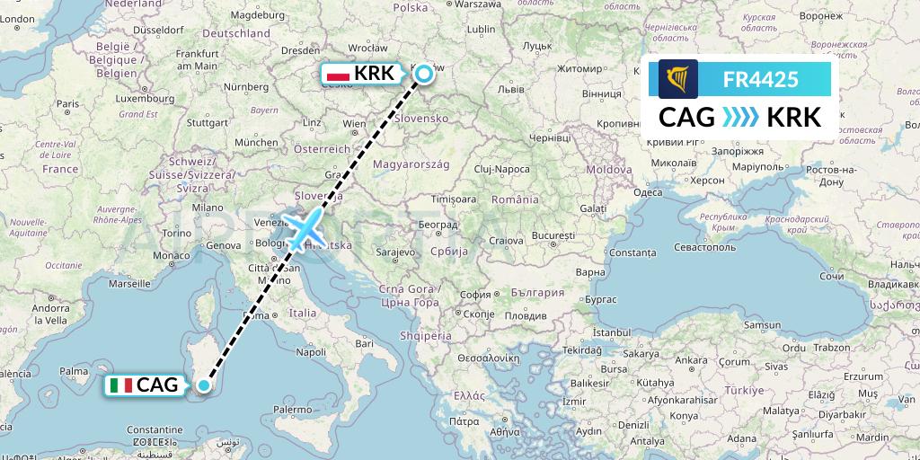 FR4425 Ryanair Flight Map: Cagliari to Krakow