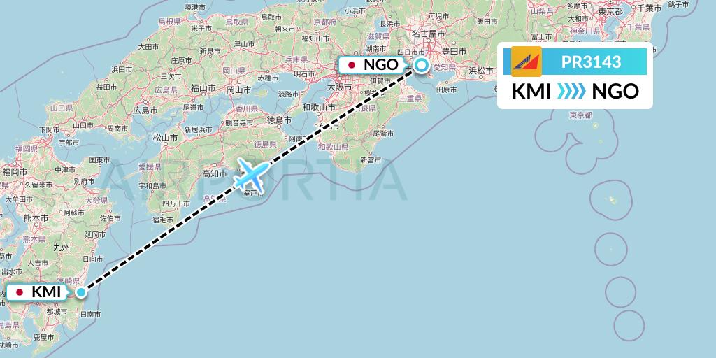 PR3143 Philippine Airlines Flight Map: Miyazaki to Nagoya