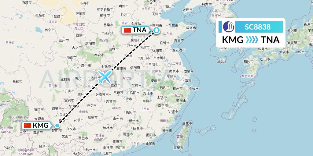 SC8838 Shandong Airlines Flight Map: Kunming to Jinan