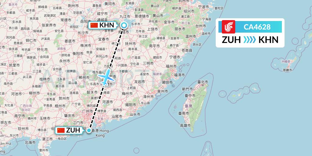 CA4628 Air China Flight Map: Zhuhai to Nanchang