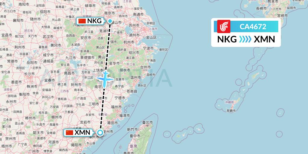 CA4672 Air China Flight Map: Nanjing to Xiamen