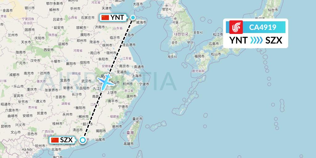 CA4919 Air China Flight Map: Yantai to Shenzhen