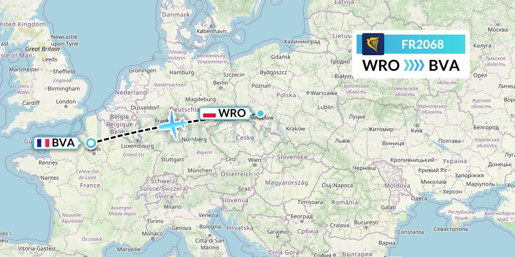 FR2068 Ryanair Flight Map: Wroclaw to Paris