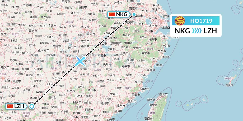 HO1719 Juneyao Airlines Flight Map: Nanjing to Liuzhou