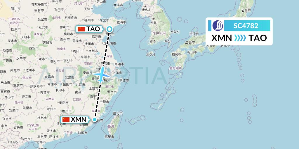 SC4782 Shandong Airlines Flight Map: Xiamen to Qingdao