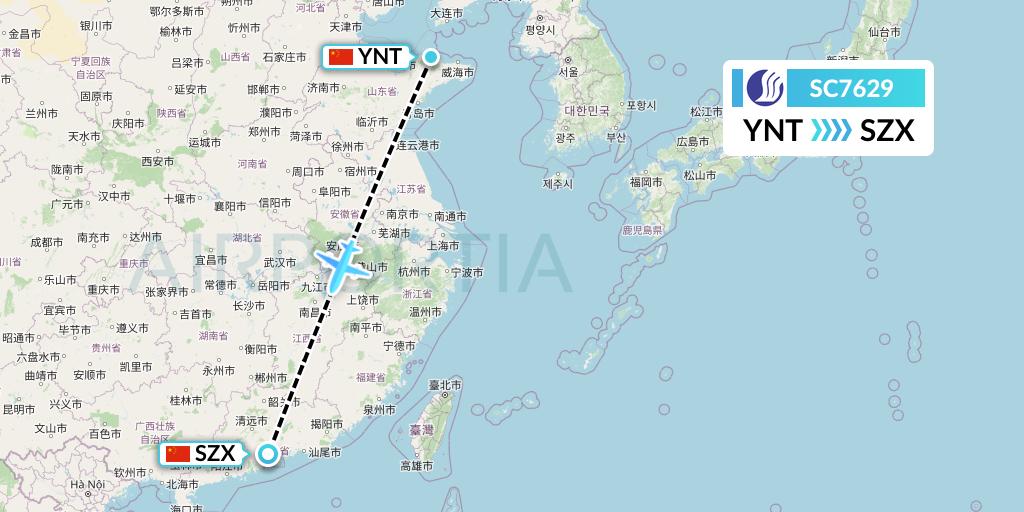 SC7629 Shandong Airlines Flight Map: Yantai to Shenzhen