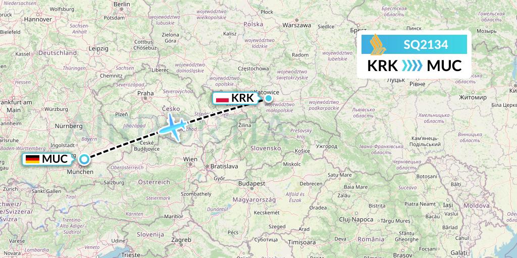 SQ2134 Singapore Airlines Flight Map: Krakow to Munich