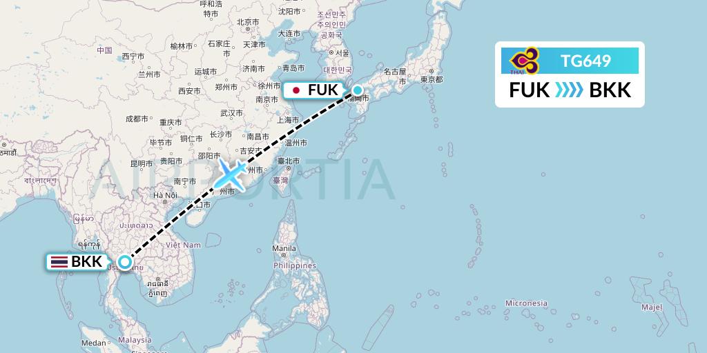 TG649 Thai Airways Flight Map: Fukuoka to Bangkok