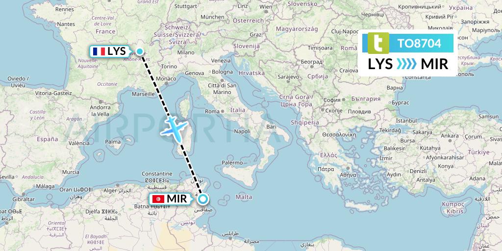 TO8704 Transavia France Flight Map: Lyon to Monastir