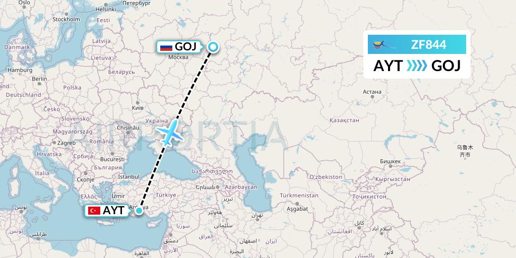 ZF844 Azur Air Flight Map: Antalya to Nizhny Novgorod