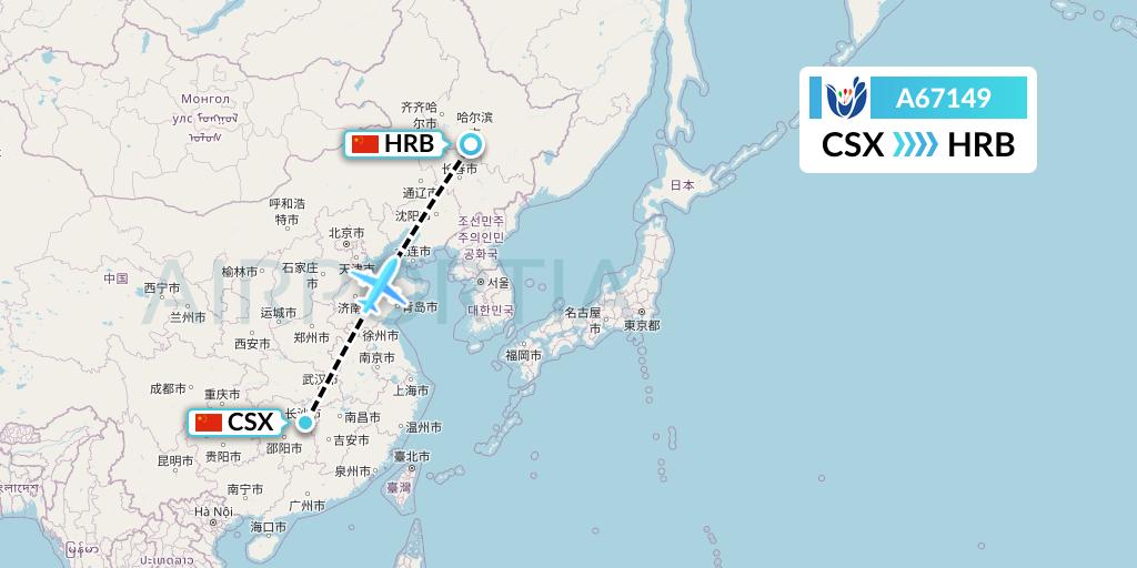 A67149 Hongtu Airlines Flight Map: Changsha to Harbin