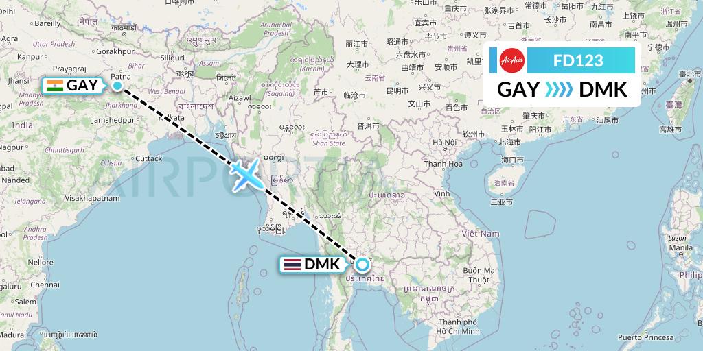 FD123 Thai AirAsia Flight Map: Gaya to Bangkok