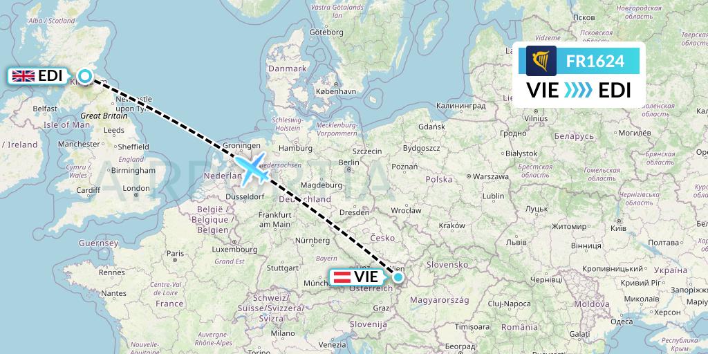 FR1624 Ryanair Flight Map: Vienna to Edinburgh