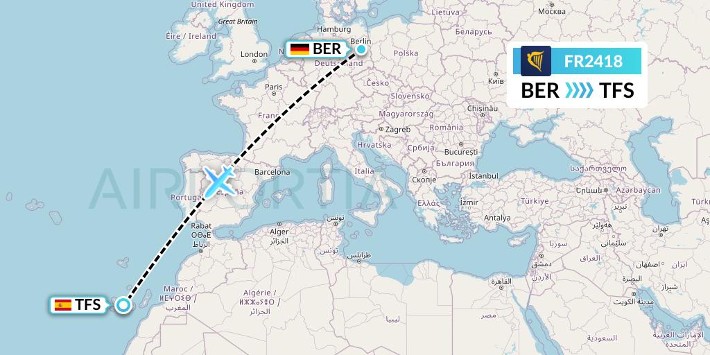 FR2418 Ryanair Flight Map: Berlin to Tenerife