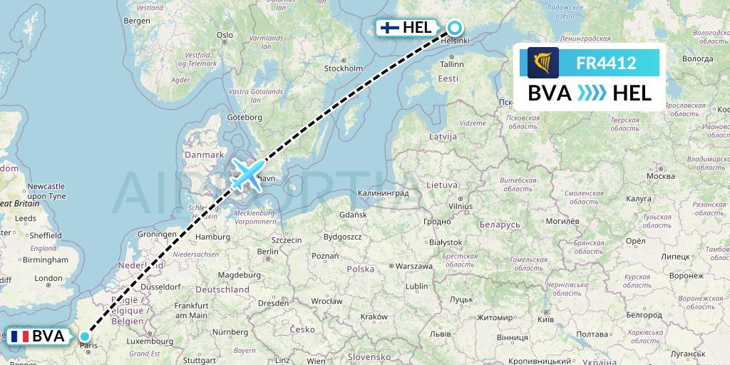 FR4412 Ryanair Flight Map: Paris to Helsinki