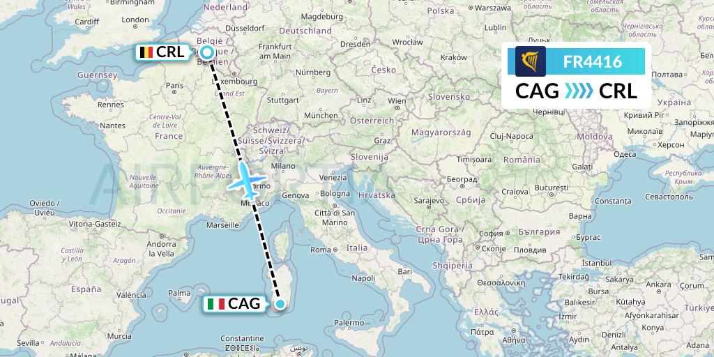 FR4416 Ryanair Flight Map: Cagliari to Brussels