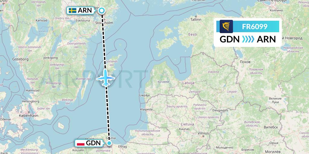 FR6099 Ryanair Flight Map: Gdansk to Stockholm
