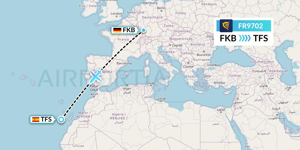 FR9702 Ryanair Flight Map: Karlsruhe/Baden-Baden to Tenerife