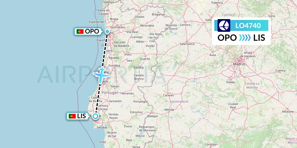 LO4740 LOT Flight Map: Porto to Lisbon