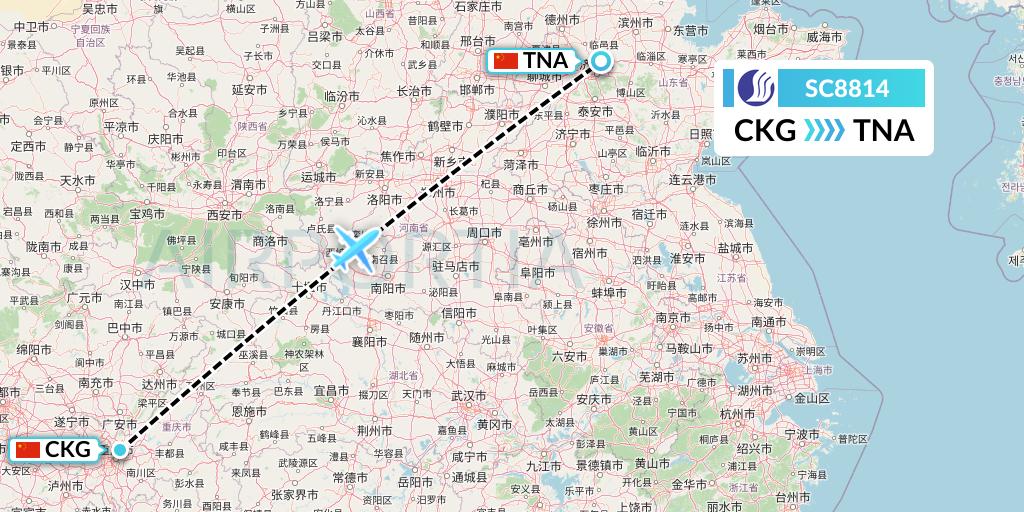 SC8814 Shandong Airlines Flight Map: Chongqing to Jinan