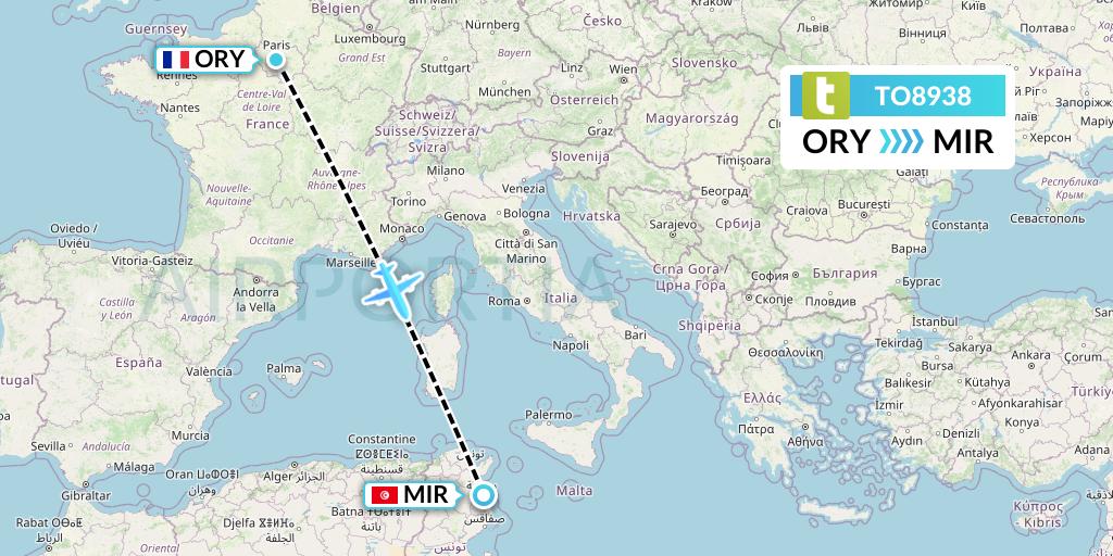 TO8938 Transavia France Flight Map: Paris to Monastir