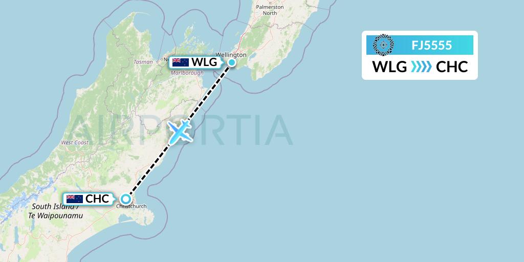 FJ5555 Fiji Airways Flight Map: Wellington to Christchurch