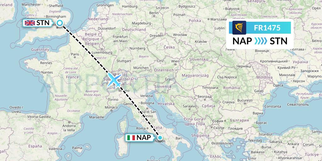 FR1475 Ryanair Flight Map: Naples to London