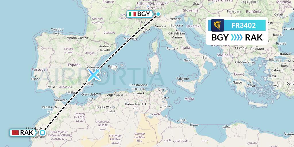 FR3402 Ryanair Flight Map: Milan to Marrakesh 