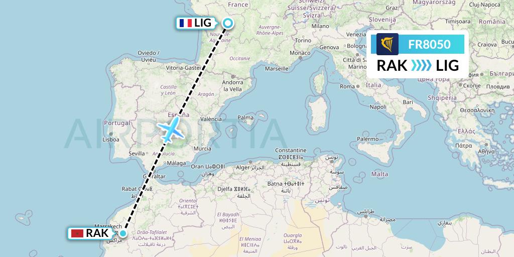FR8050 Ryanair Flight Map: Marrakesh to Limoges