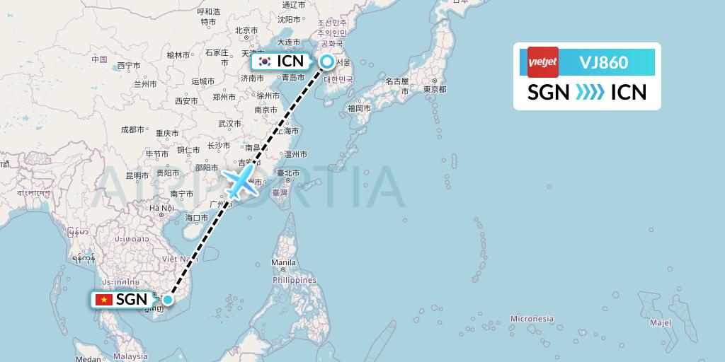 VJ860 VietJet Air Flight Map: Ho Chi Minh City to Seoul