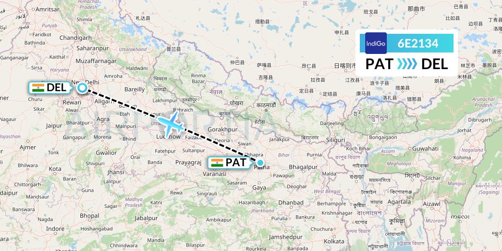 6E2134 IndiGo Airlines Flight Map: Patna to Delhi