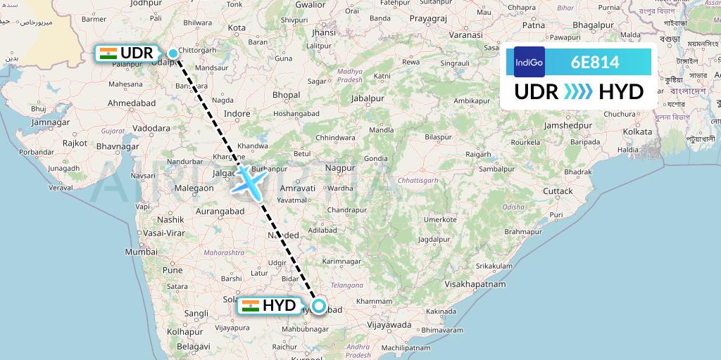 6E814 IndiGo Airlines Flight Map: Udaipur to Hyderabad
