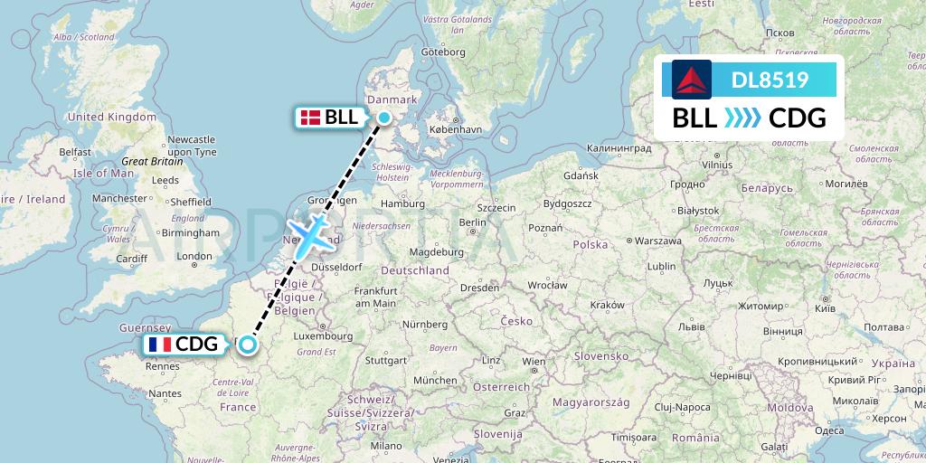 DL8519 Delta Air Lines Flight Map: Billund to Paris