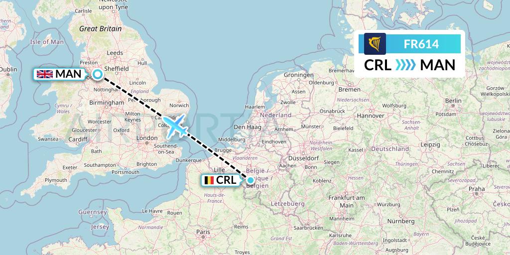 FR614 Ryanair Flight Map: Brussels to Manchester