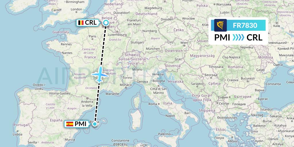 FR7830 Ryanair Flight Map: Palma de Mallorca to Brussels