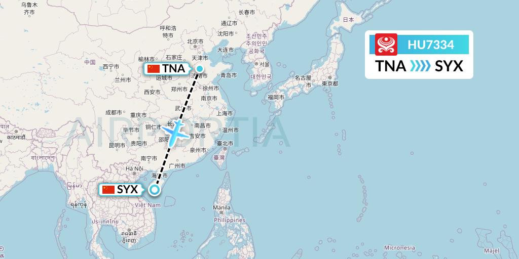 HU7334 Hainan Airlines Flight Map: Jinan to Sanya