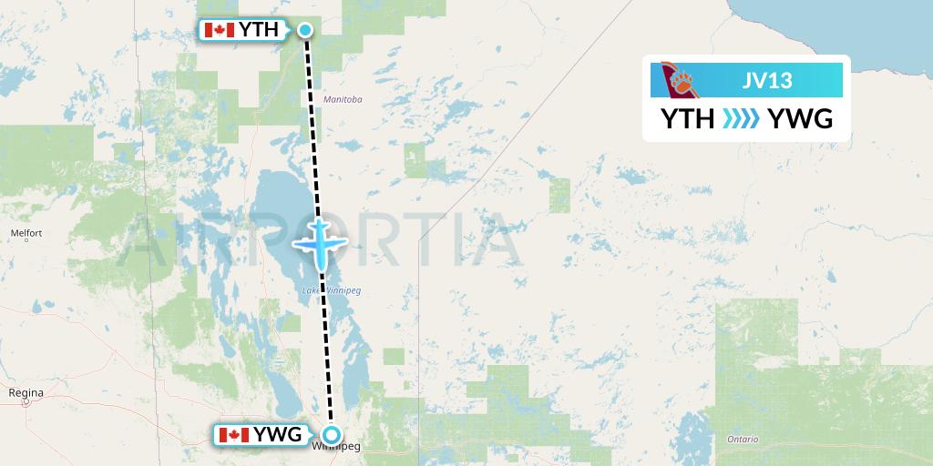 JV13 Bearskin Airlines Flight Map: Thompson to Winnipeg