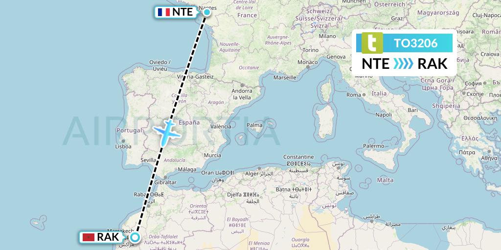 TO3206 Transavia France Flight Map: Nantes to Marrakesh 