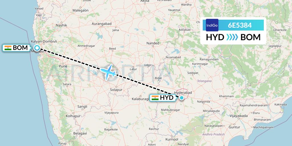 6E5384 IndiGo Airlines Flight Map: Hyderabad to Mumbai