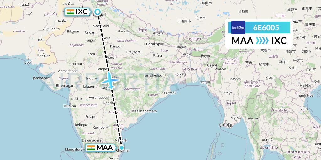 6E6005 IndiGo Airlines Flight Map: Chennai to Chandigarh