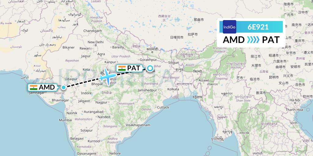 6E921 IndiGo Airlines Flight Map: Ahmedabad to Patna