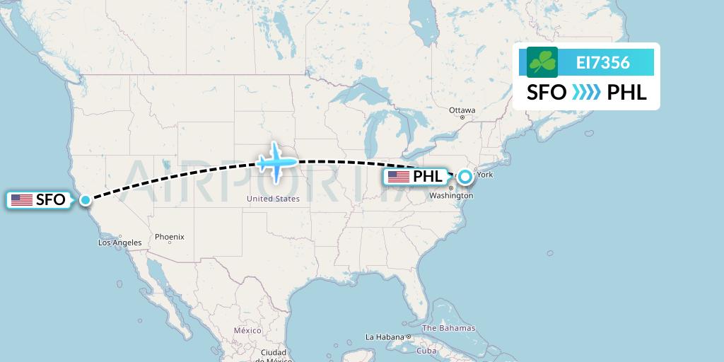 EI7356 Aer Lingus Flight Map: San Francisco to Philadelphia