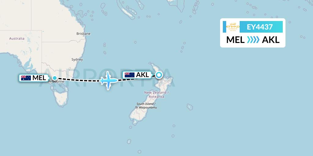 EY4437 Etihad Airways Flight Map: Melbourne to Auckland