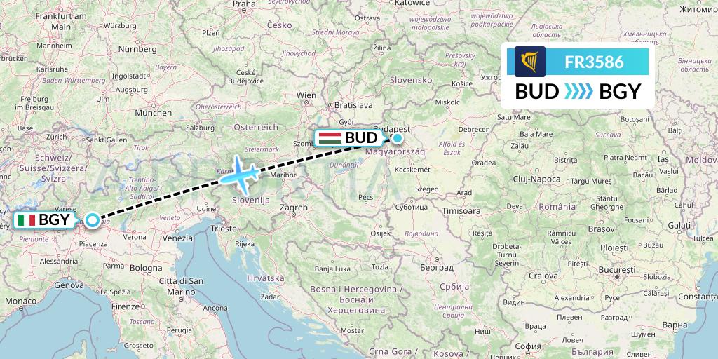 FR3586 Ryanair Flight Map: Budapest to Milan