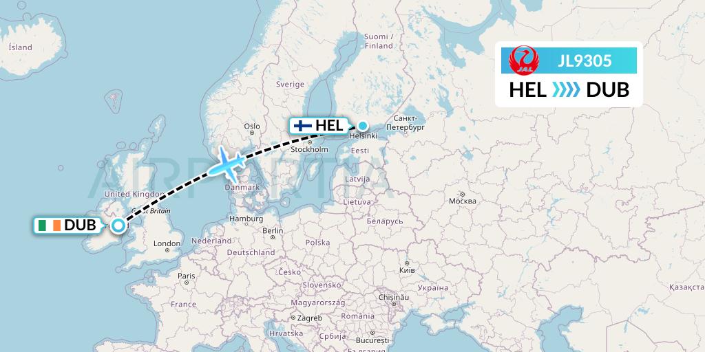 JL9305 Japan Airlines Flight Map: Helsinki to Dublin