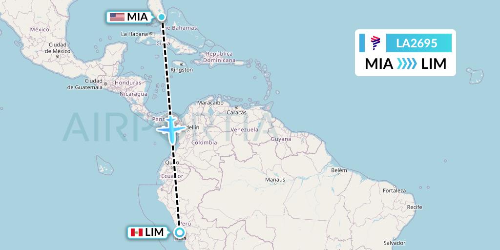 LA2695 LAN Airlines Flight Map: Miami to Lima