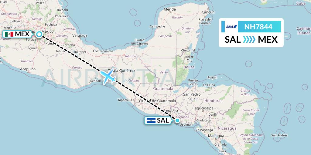 NH7844 All Nippon Airways Flight Map: San Salvador to Mexico City