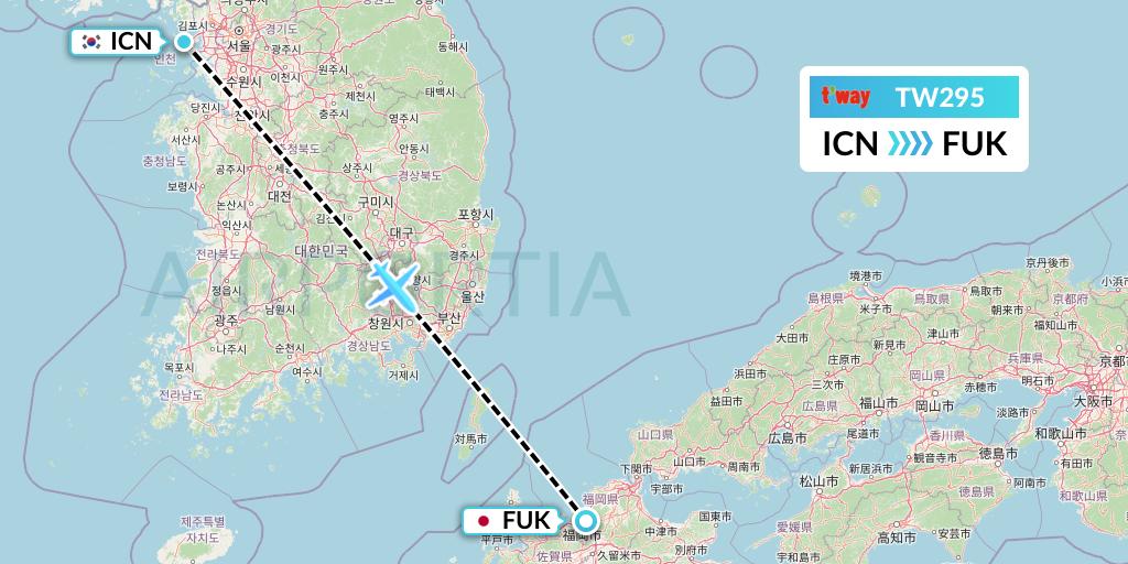 TW295 T'way Air Flight Map: Seoul to Fukuoka