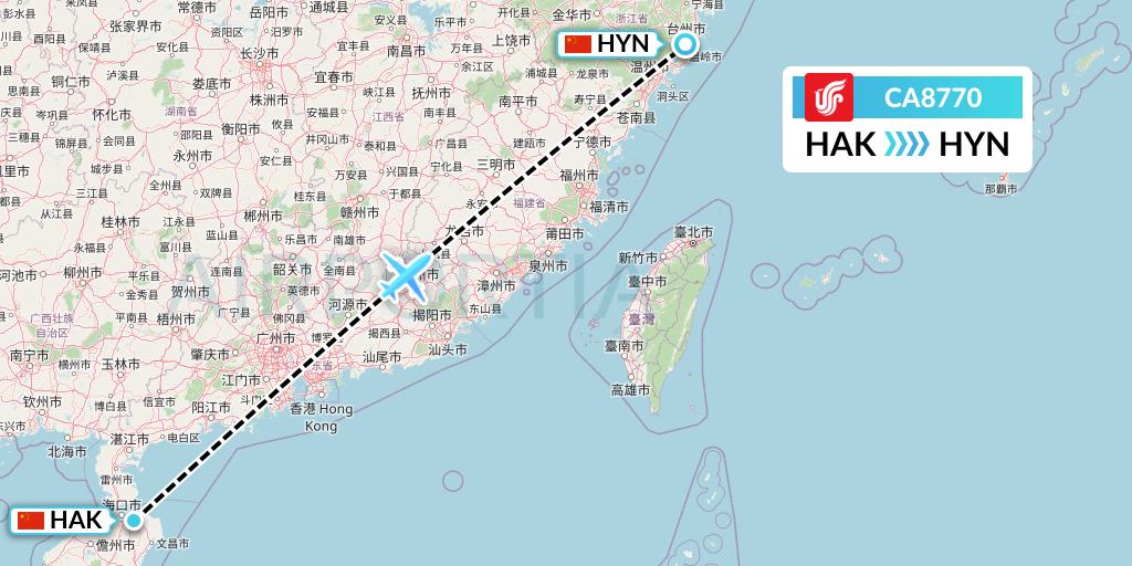 CA8770 Air China Flight Map: Haikou to Huangyan